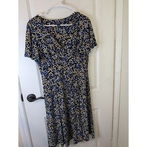 Chaps Womens Blue Black Abstract Dot Faux Wrap V-Neck A-Line Dress Large